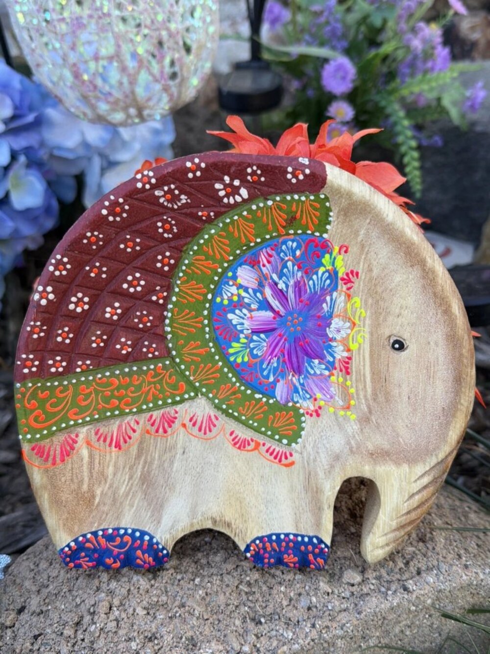 Hand Painted Wooden Elephant Bowl/Trinket Dish - Dot Art Design - Thai Folk Art
